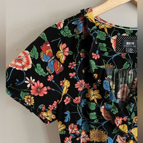 Maeve Anthropologie Floral Dress Black Fit Flare Pockets Size 6 Rayon - Picture 4 of 9